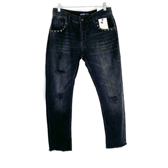 NWT Zara Relaxed Fit Distressed Studded Raw Hem Jeans Black Size 4 NEW D1664 - Picture 1 of 13